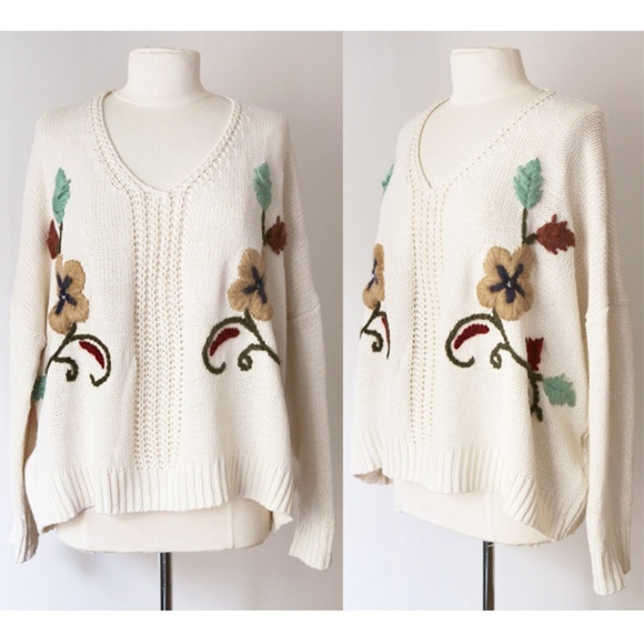 Cream Floral Embroidered Oversize Slouchy Sweater - Picture 2 of 8